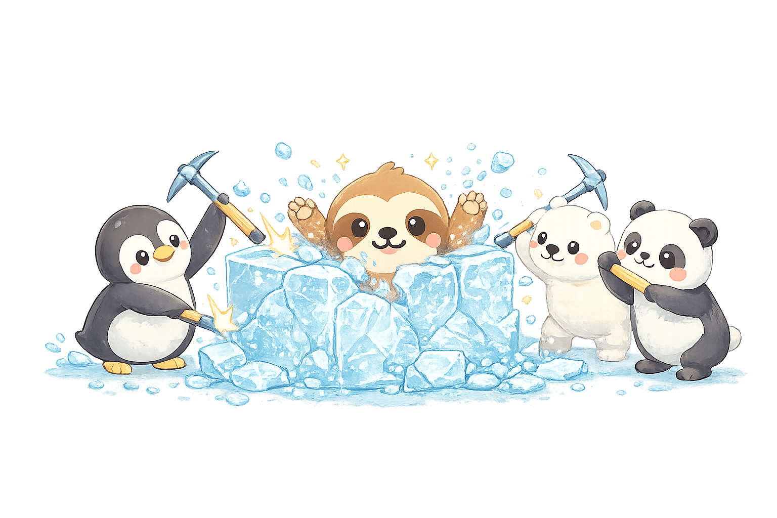 Cute animals breaking ice together